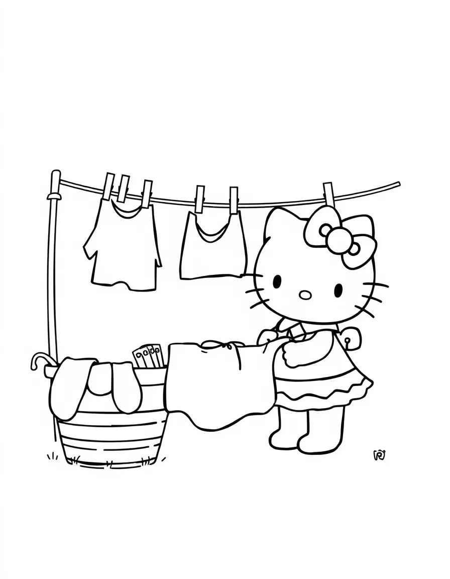 Hello Kitty and Mama doing laundry together, hanging clothes on a line with clothespins and a laundry basket