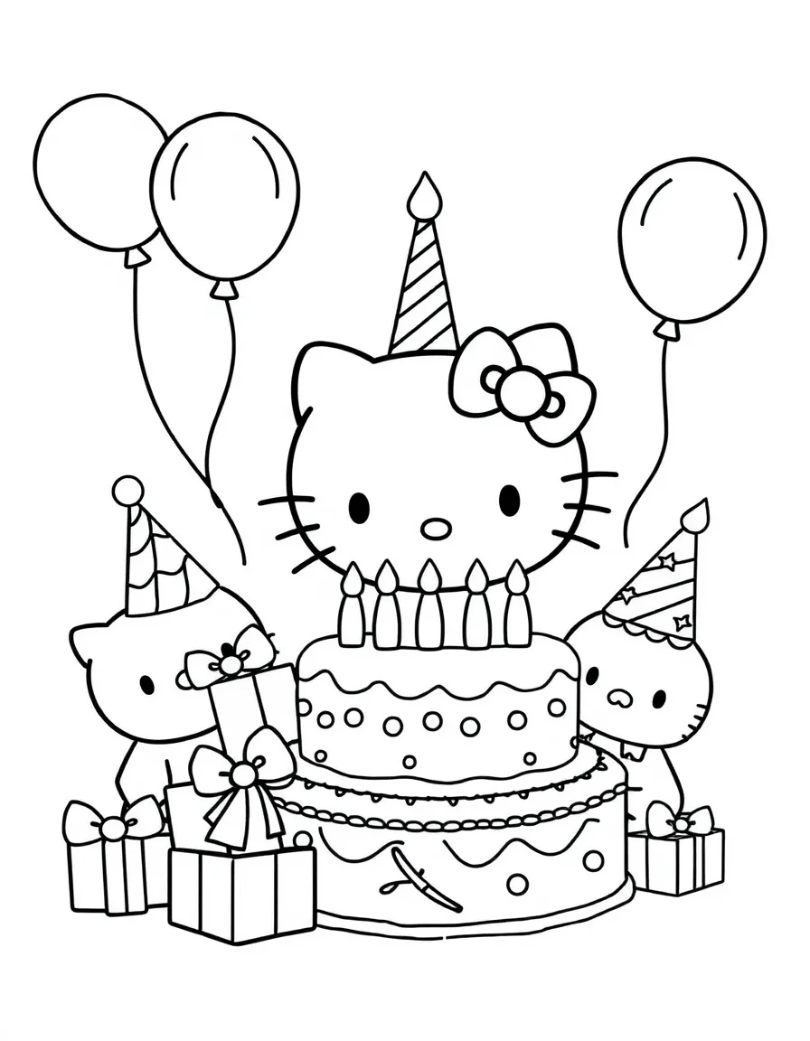 Hello Kitty celebrating her birthday with a big cake, presents, balloons, and all her friends wearing party hats