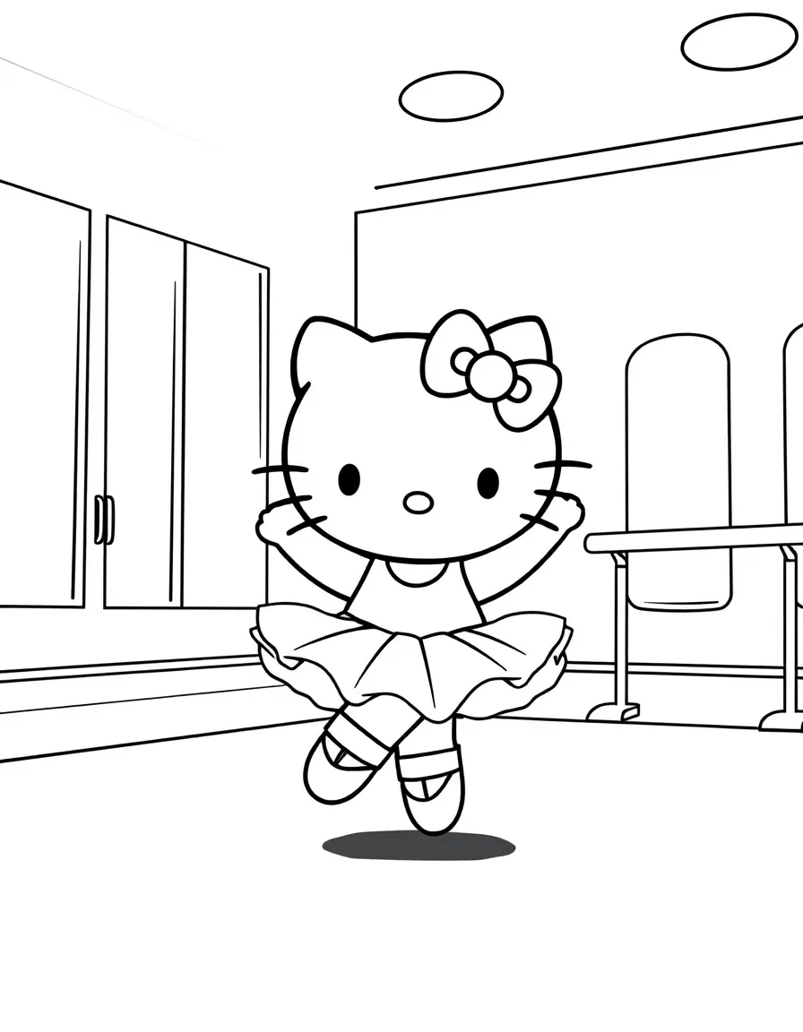 Hello Kitty dancing in a ballet studio, wearing a tutu and ballet slippers, with mirrors and a practice barre