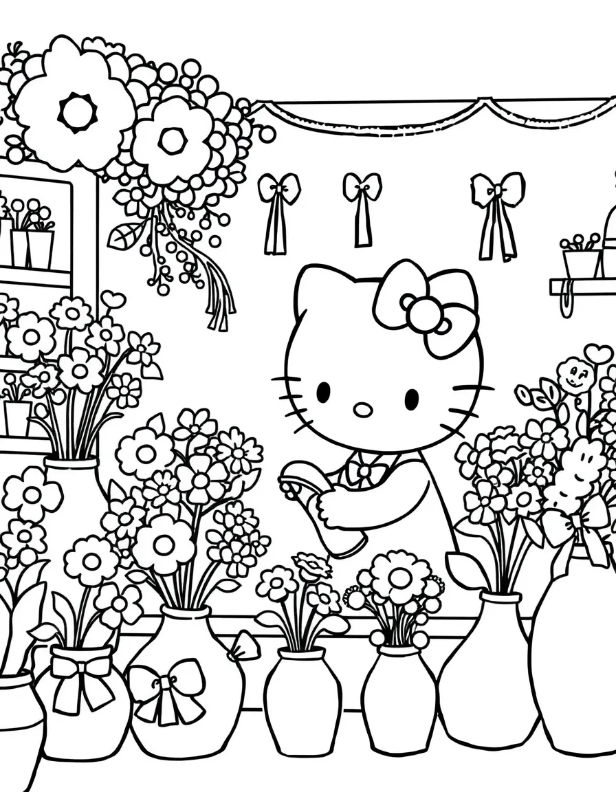 Hello Kitty working in a flower shop, arranging bouquets and watering plants, with vases and ribbons everywhere