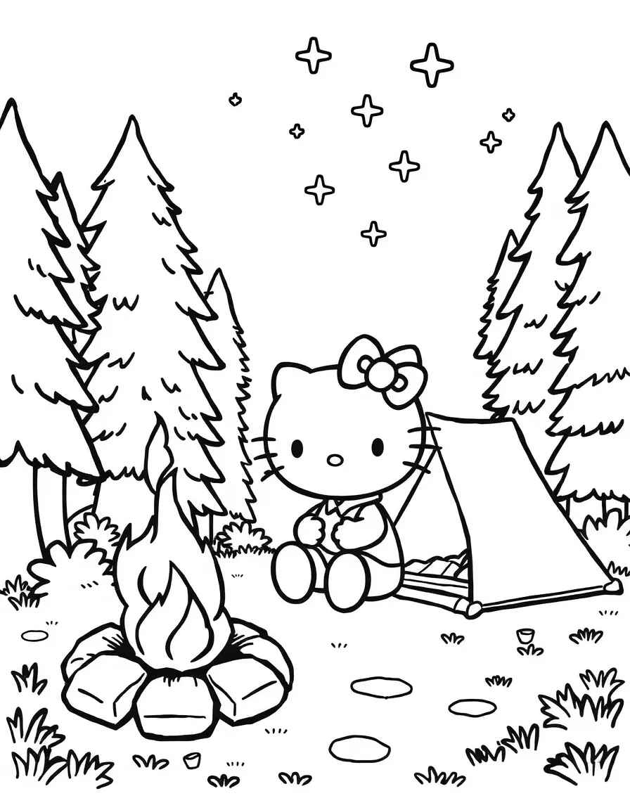 Hello Kitty camping in the forest, sitting by a campfire with her tent set up and stars twinkling overhead