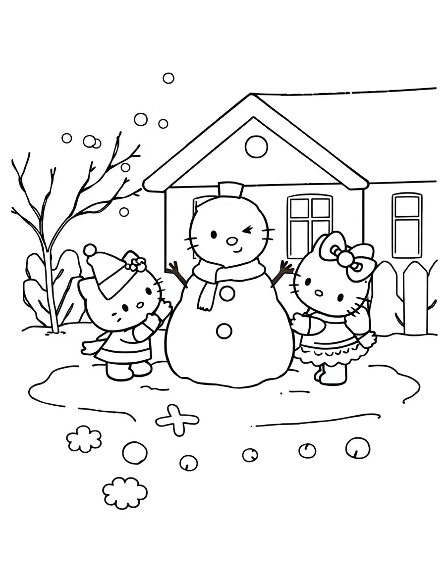Hello Kitty and friends building a snowman in her front yard, with snow angels and snowballs scattered around
