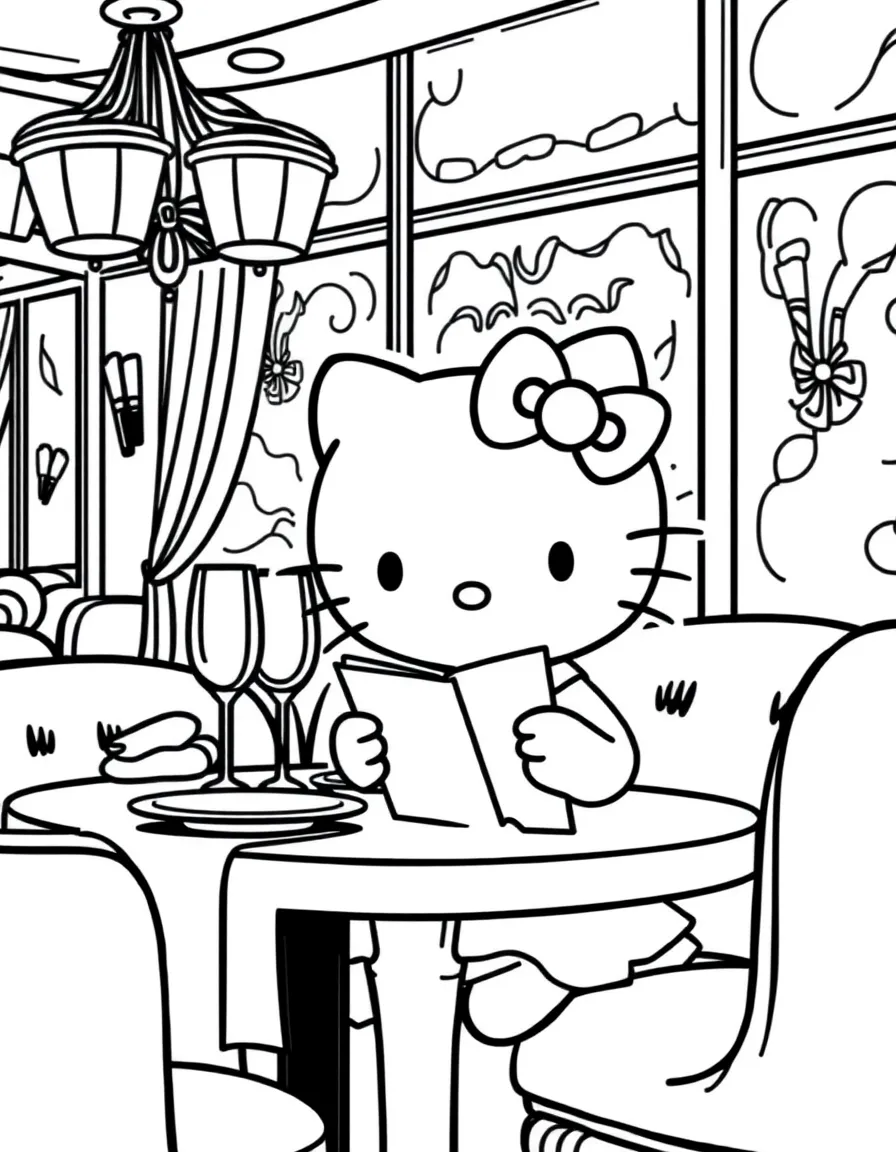Hello Kitty at a fancy restaurant, sitting at a table with elegant place settings and a menu in her hands
