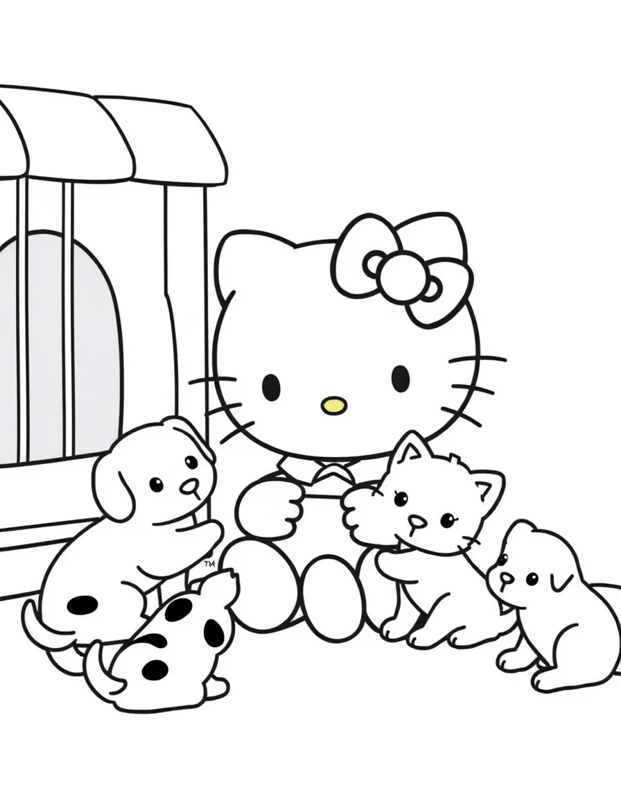 Hello Kitty volunteering at an animal shelter, feeding and playing with cute puppies and kittens