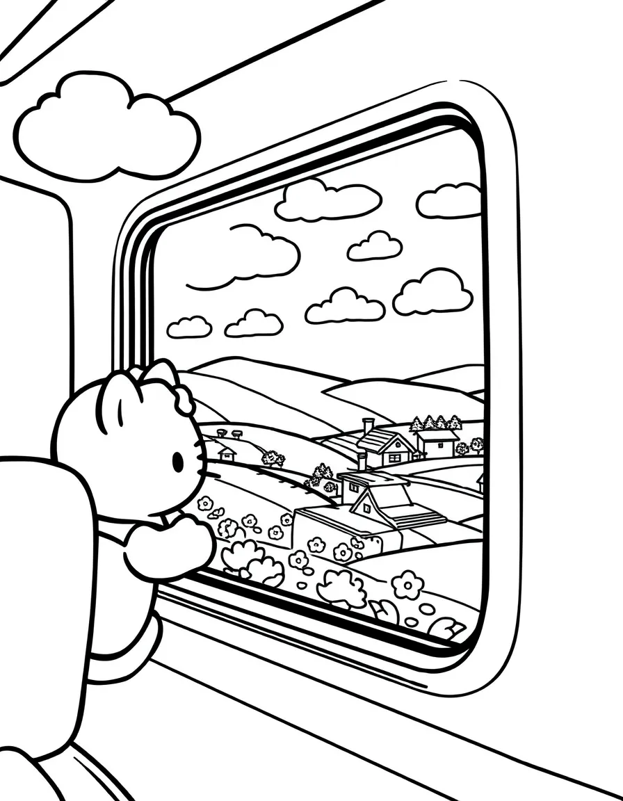 Hello Kitty riding a train through the countryside, looking out the window at farms, hills, and little towns