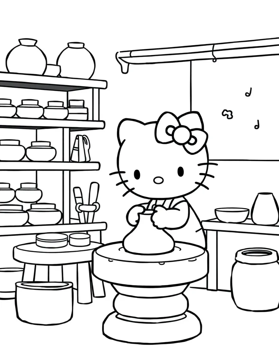 Hello Kitty in her art class, working on a pottery wheel with clay and ceramic pieces drying on shelves