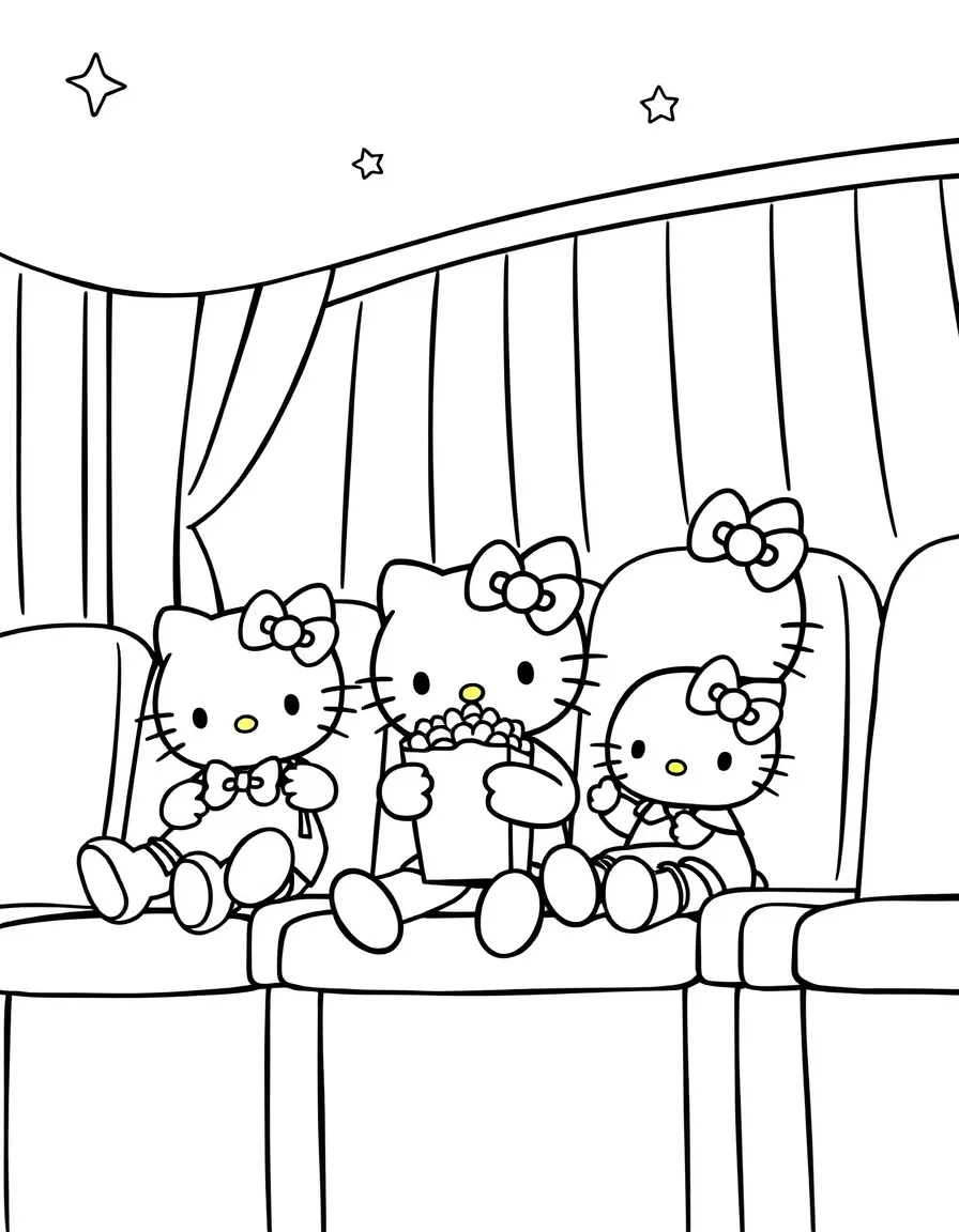 Hello Kitty and friends at a movie theater, sharing popcorn and watching a film with comfortable theater seats