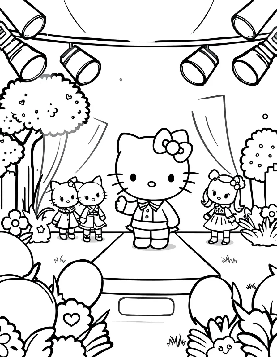 Hello Kitty hosting a fashion show in her backyard, with a runway, spotlights, and friends modeling cute outfits