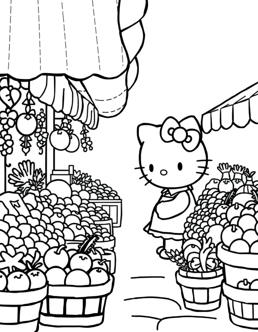 Hello Kitty at a farmers market, selecting fresh fruits and vegetables from colorful stands and friendly vendors