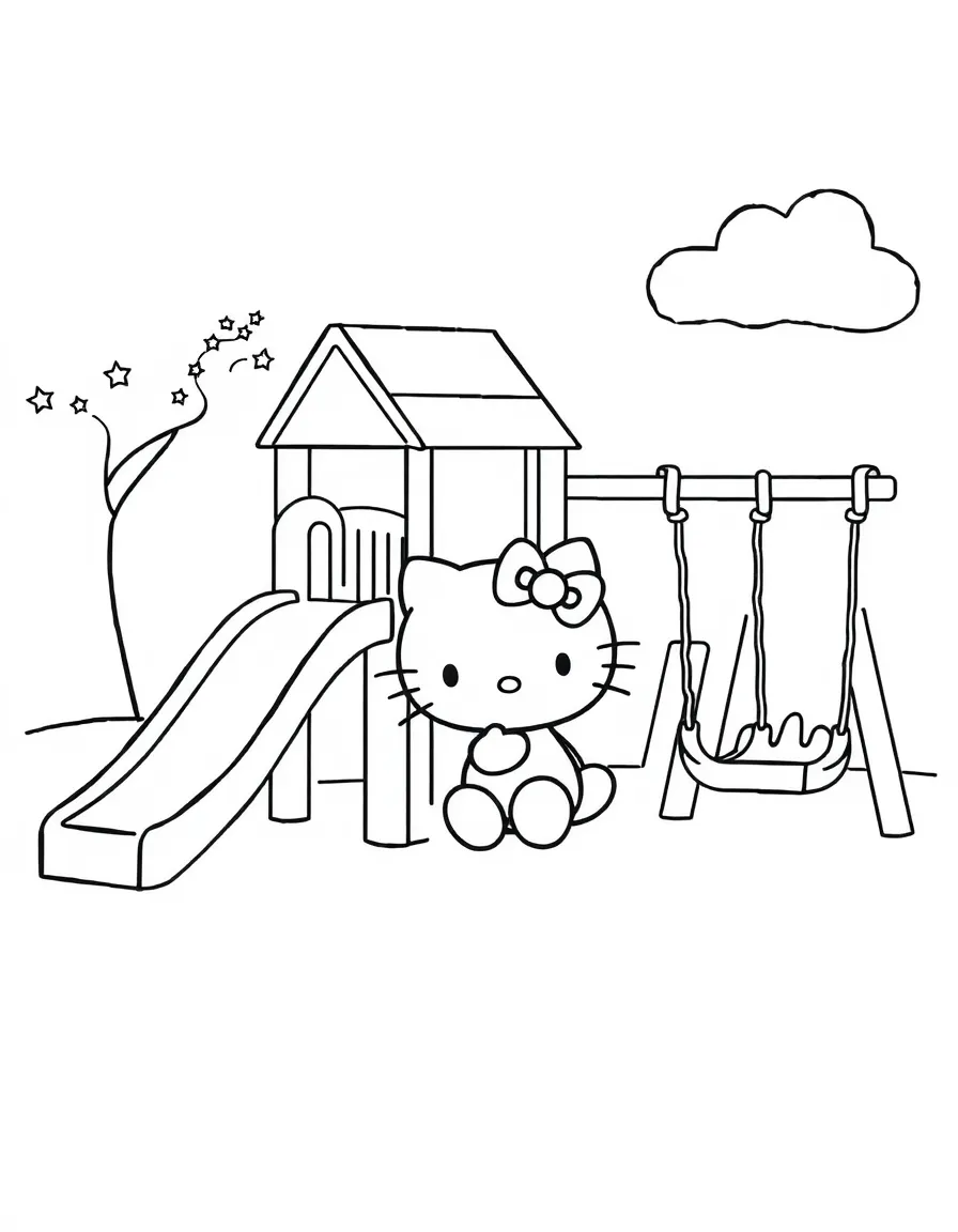 Hello Kitty playing in a playground, going down slides, swinging on swings, and climbing jungle gyms