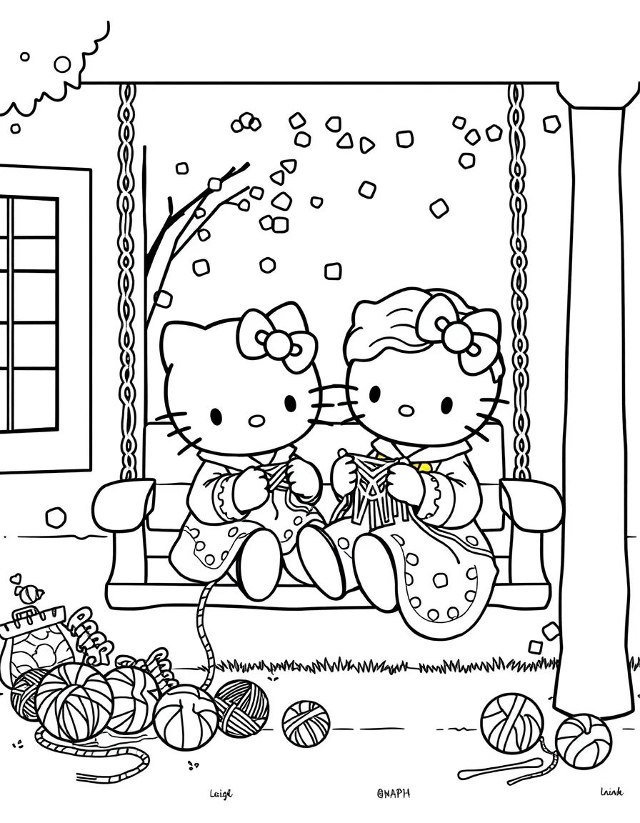 Hello Kitty and Grandma knitting together on a porch swing, with yarn balls and knitting needles scattered around