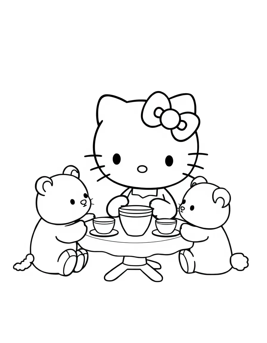 Hello Kitty having a tea party with her stuffed animals, each seated around a small table with tiny cups and plates