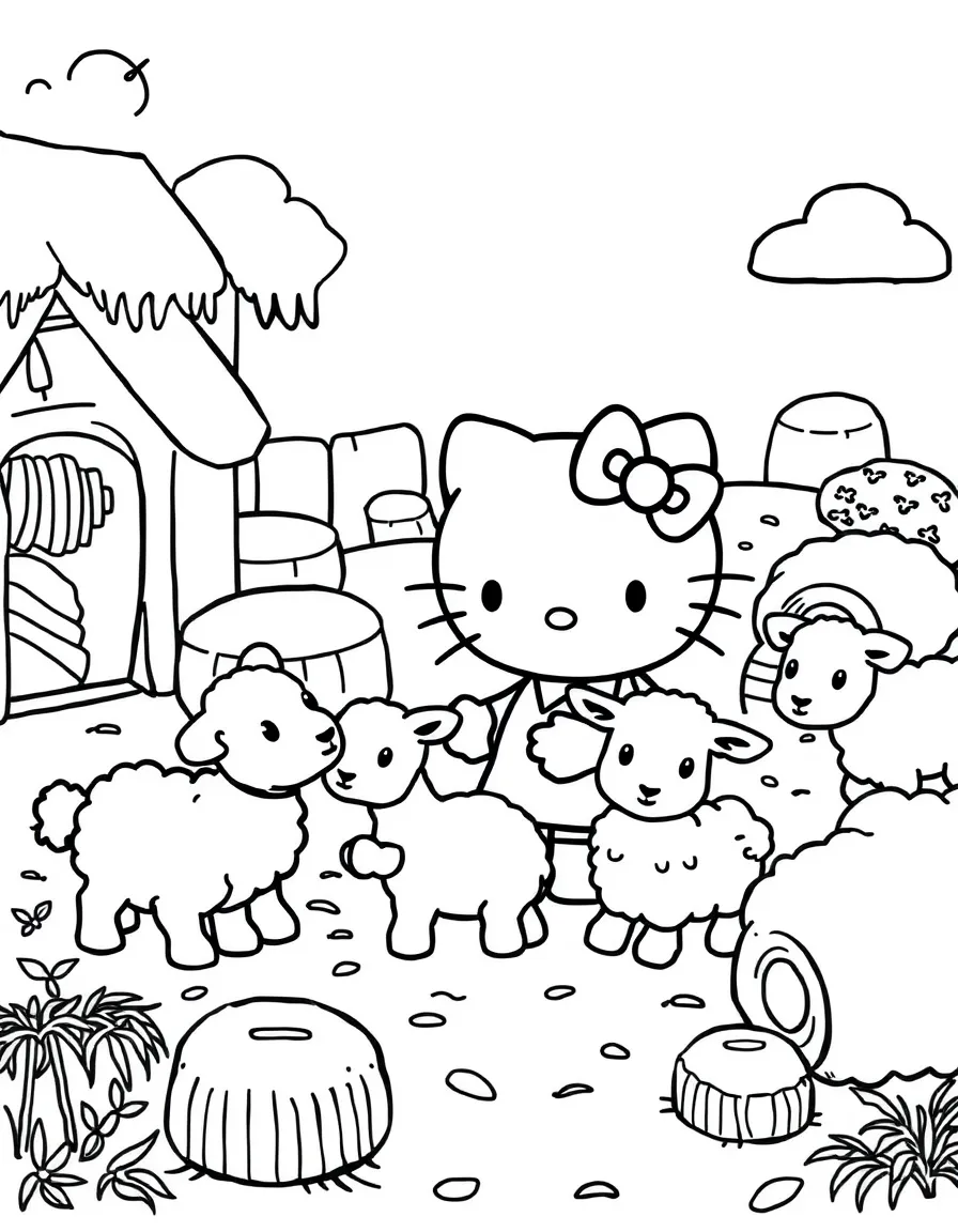 Hello Kitty at a petting zoo, feeding goats and sheep, with farm animals and hay bales throughout the scene