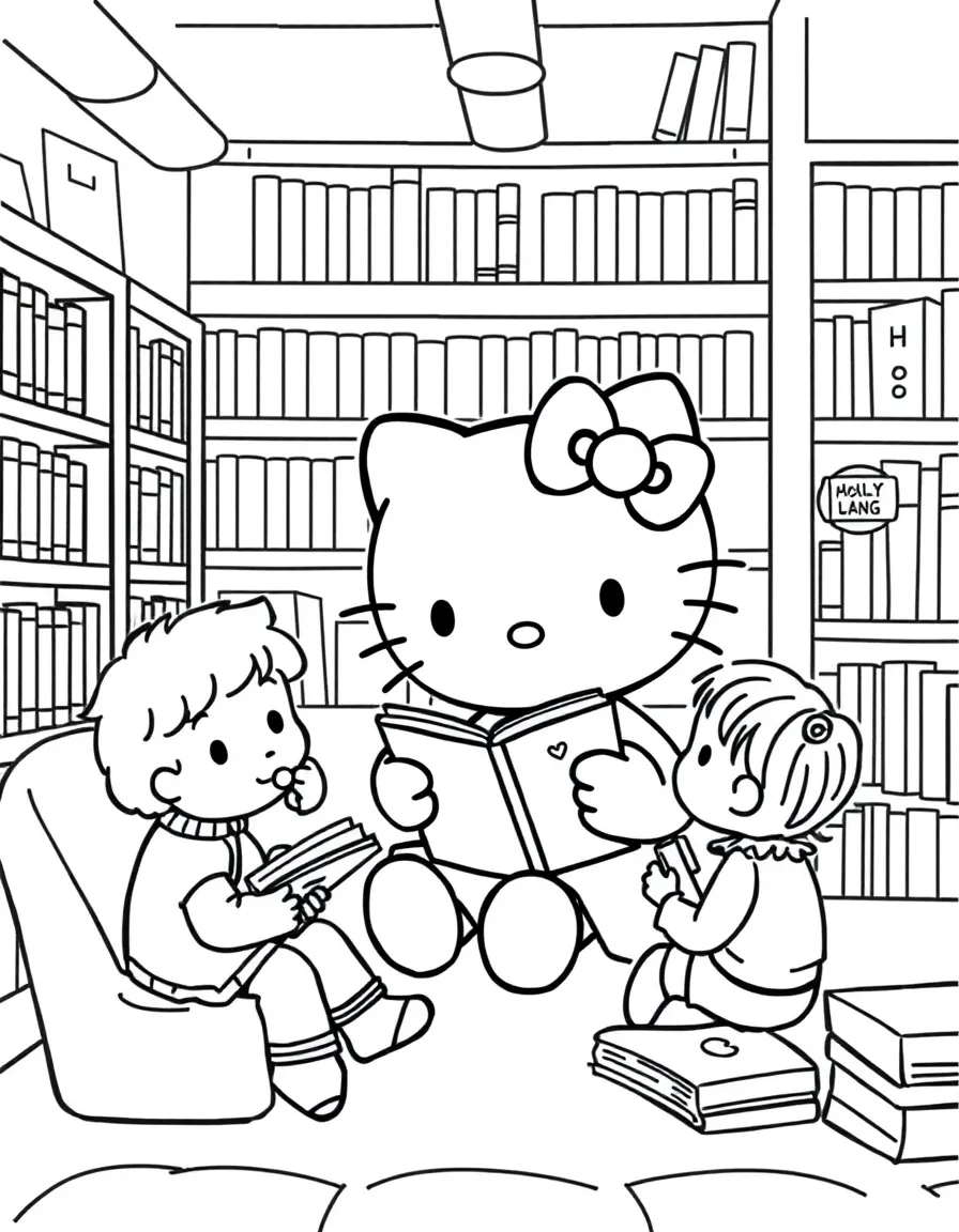Hello Kitty at a library, reading stories to younger children with picture books and cozy reading nooks