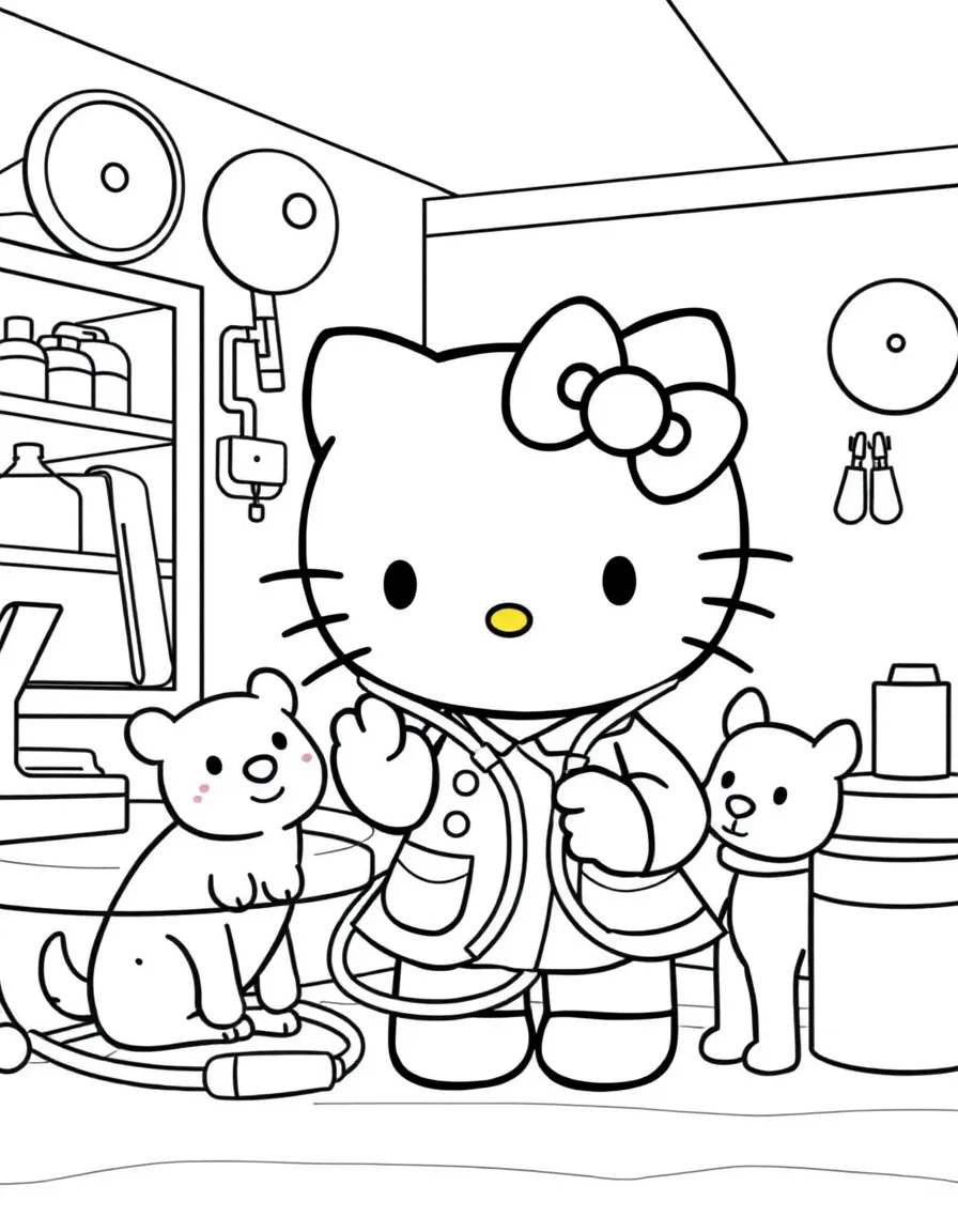 Hello Kitty working as a veterinarian, examining pets with a stethoscope and medical equipment in the clinic