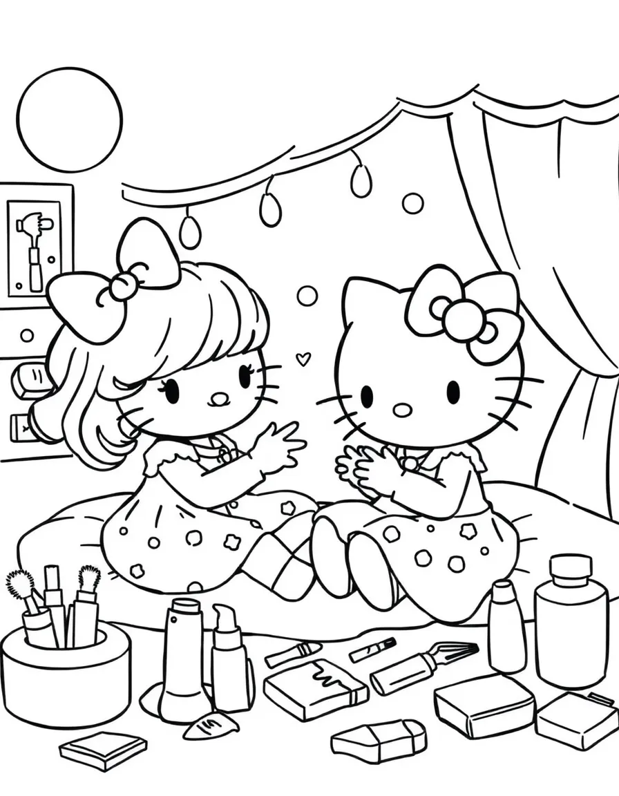 Hello Kitty and Mimmy having a slumber party, doing each other's hair and nails with beauty supplies everywhere