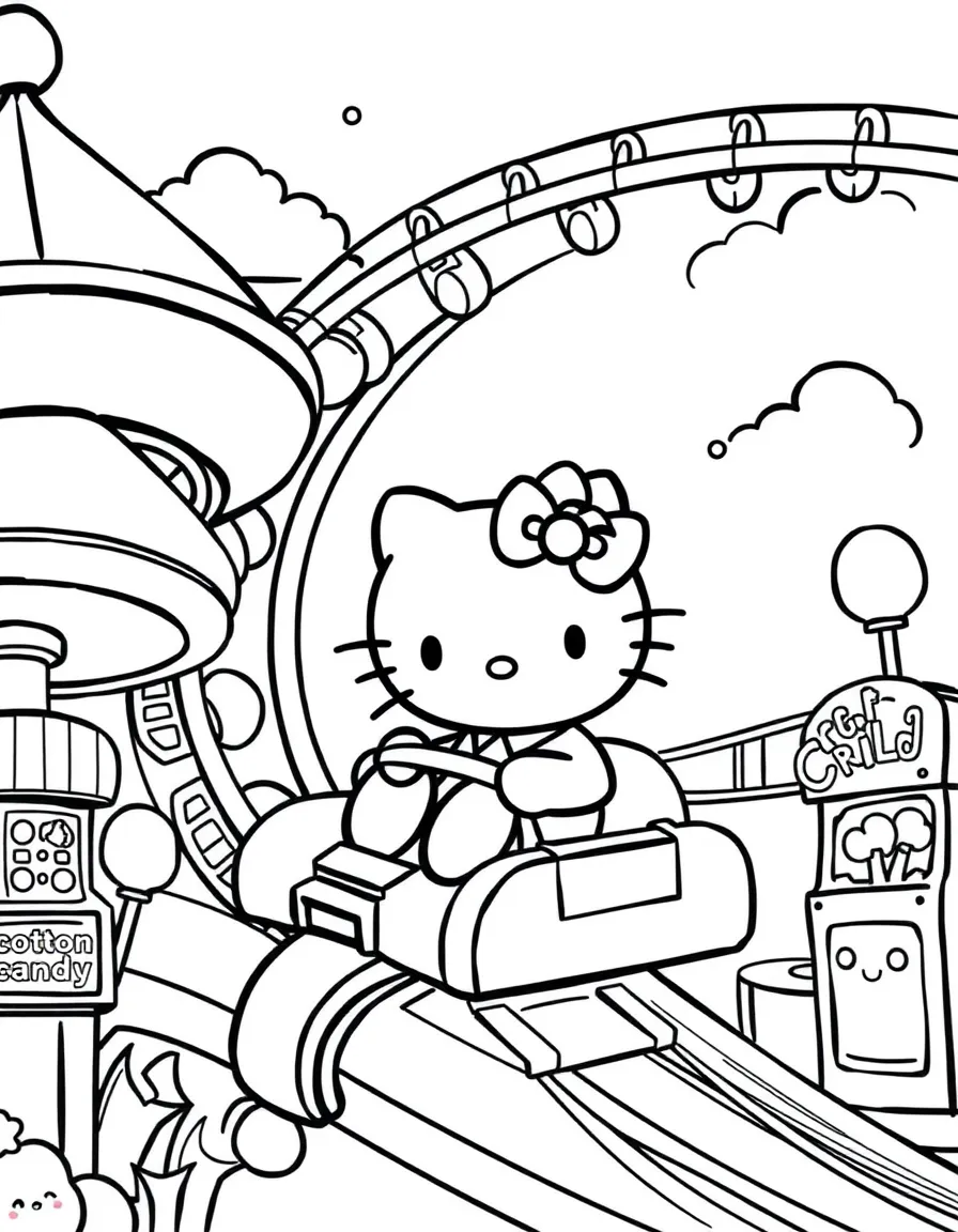 Hello Kitty at a amusement park, riding roller coasters with loops and curves, cotton candy and prize games nearby