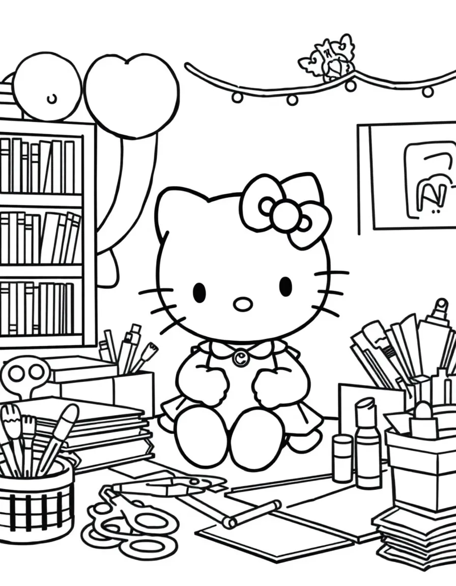 Hello Kitty in her craft room, making scrapbooks and photo albums with scissors, glue, and colorful paper