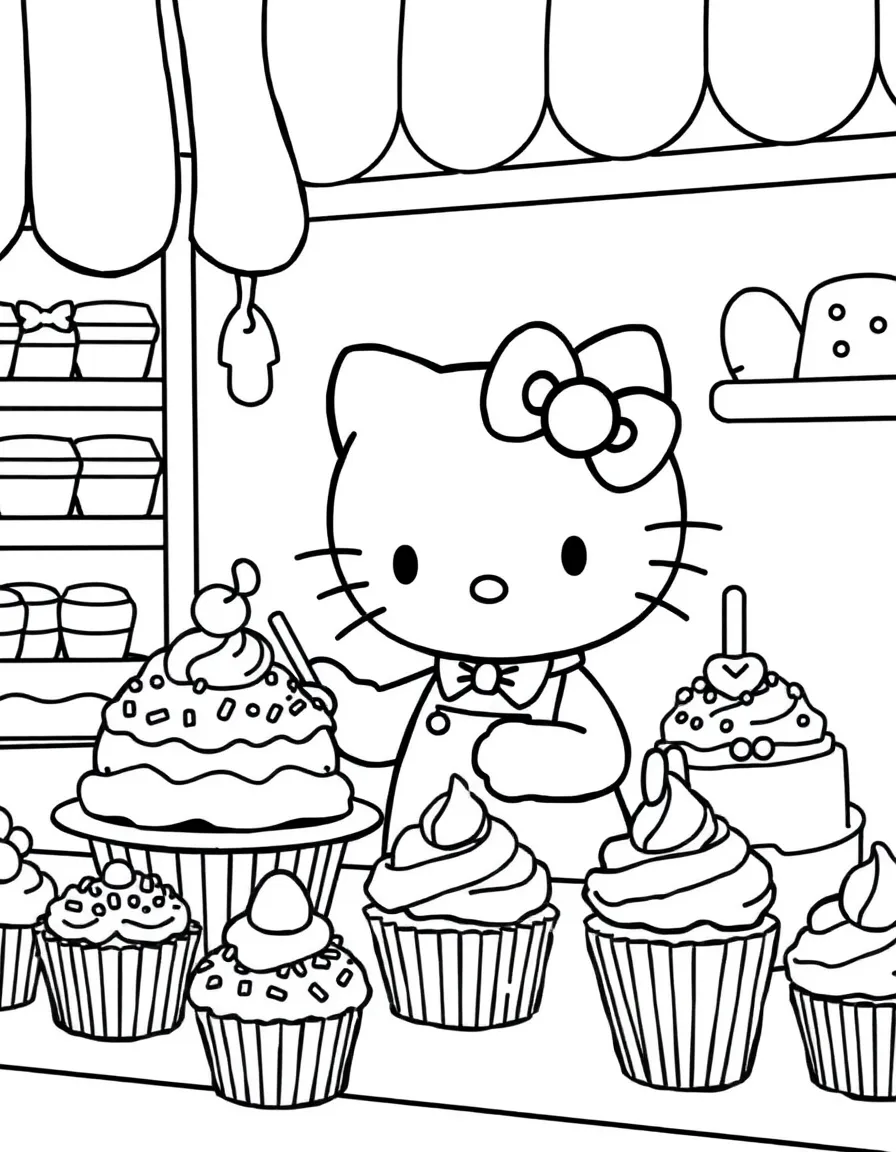 Hello Kitty working in a bakery, decorating cakes and cupcakes with frosting, sprinkles, and edible decorations