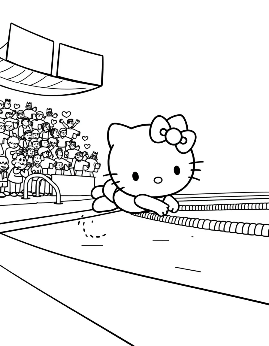 Hello Kitty at a swim meet, diving into a pool with lane markers and spectators cheering from the stands