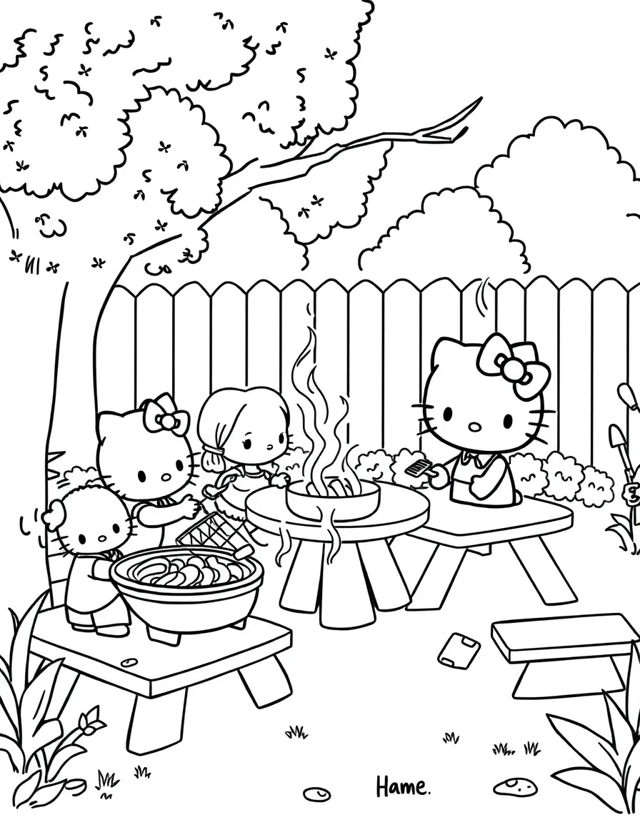 Hello Kitty and family at a barbecue, grilling food and playing games in the backyard with picnic tables