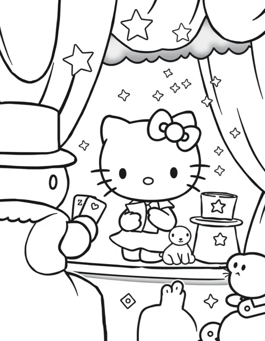Hello Kitty at a magic show, watching a magician perform tricks with rabbits, cards, and a top hat
