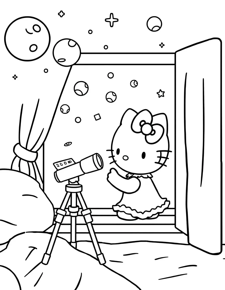Hello Kitty stargazing from her bedroom window, with a telescope, star charts, and the moon and planets visible