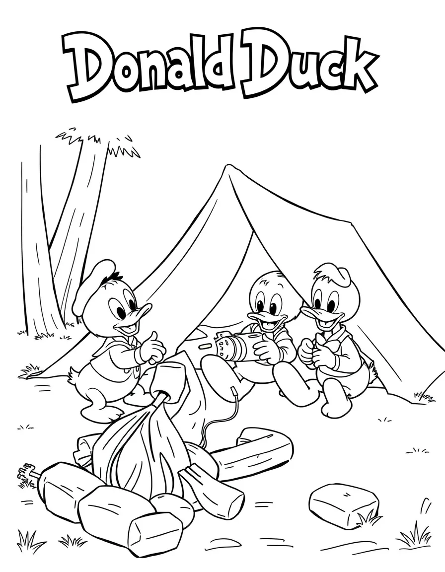 Donald Duck and his nephews Huey, Dewey, and Louie on a camping adventure, setting up tents and roasting marshmallows