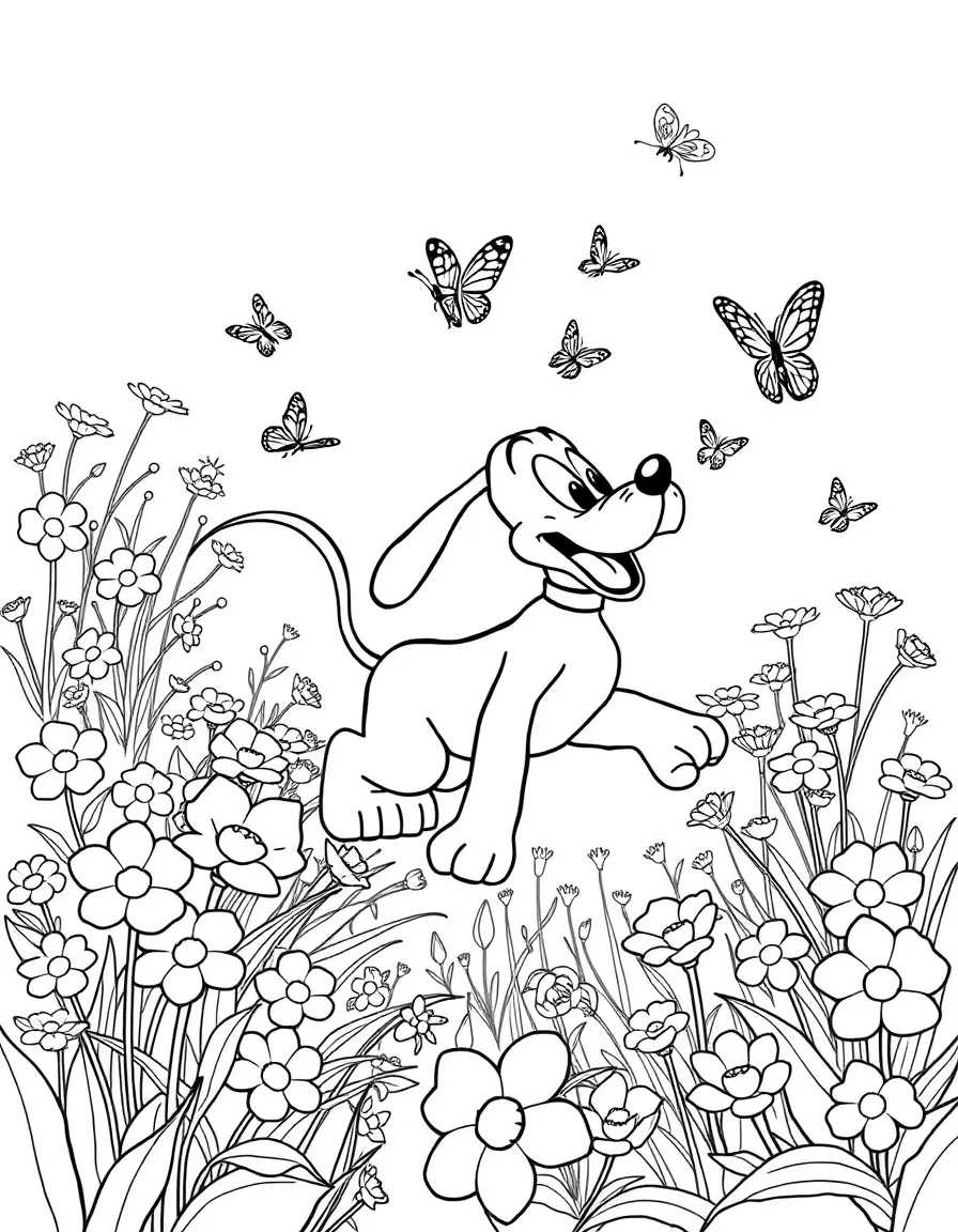 Pluto chasing butterflies through a flower garden with his tail wagging and flowers blooming all around