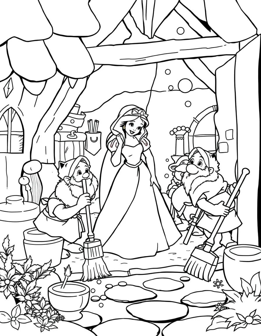 Snow White and the Seven Dwarfs in their cottage, cleaning and tidying up with brooms, dustpans, and soap bubbles