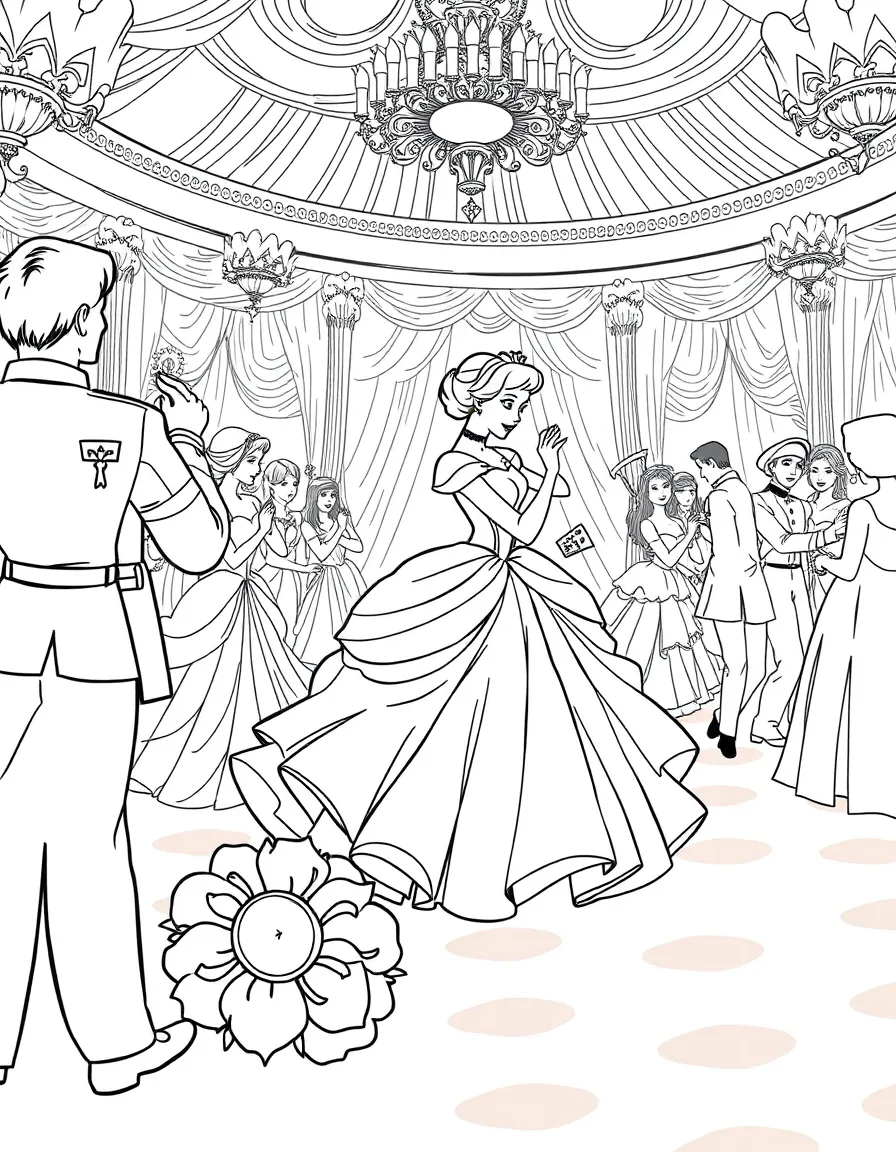 Cinderella at the royal ball, dancing with Prince Charming in a grand ballroom with other couples waltzing