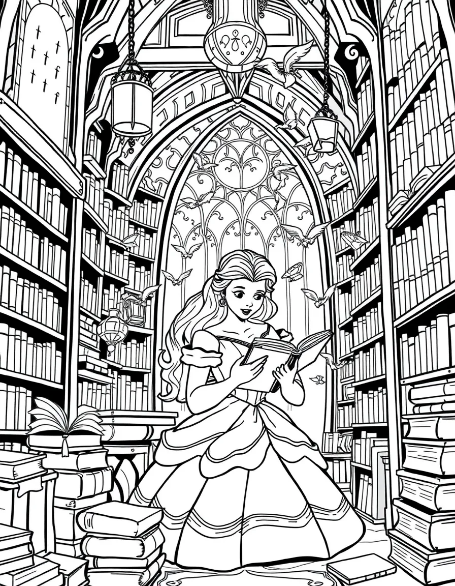 Belle reading a book in the Beast's library, surrounded by towering bookshelves and magical floating books