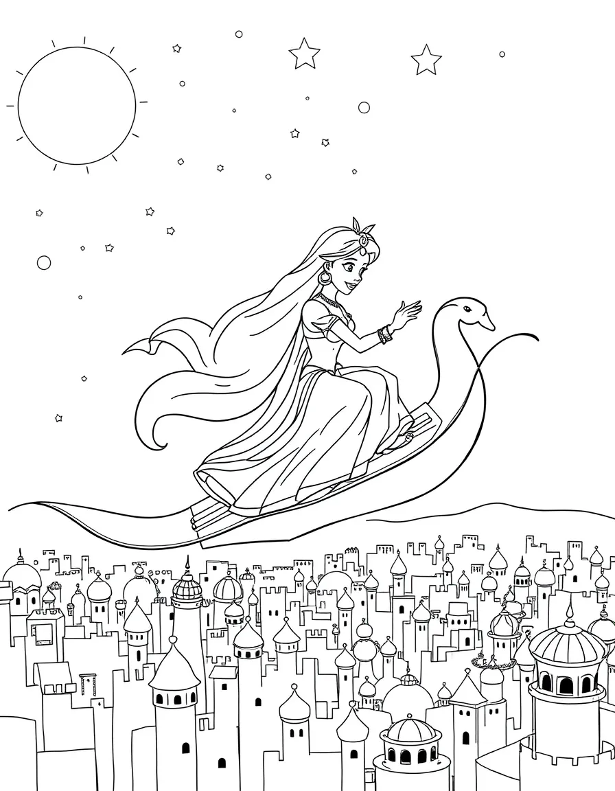 Jasmine and Aladdin riding on the magic carpet high above the city of Agrabah with stars twinkling in the night sky