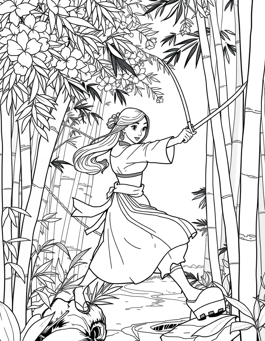 Mulan training with her sword in a peaceful bamboo forest, with cherry blossoms floating in the breeze
