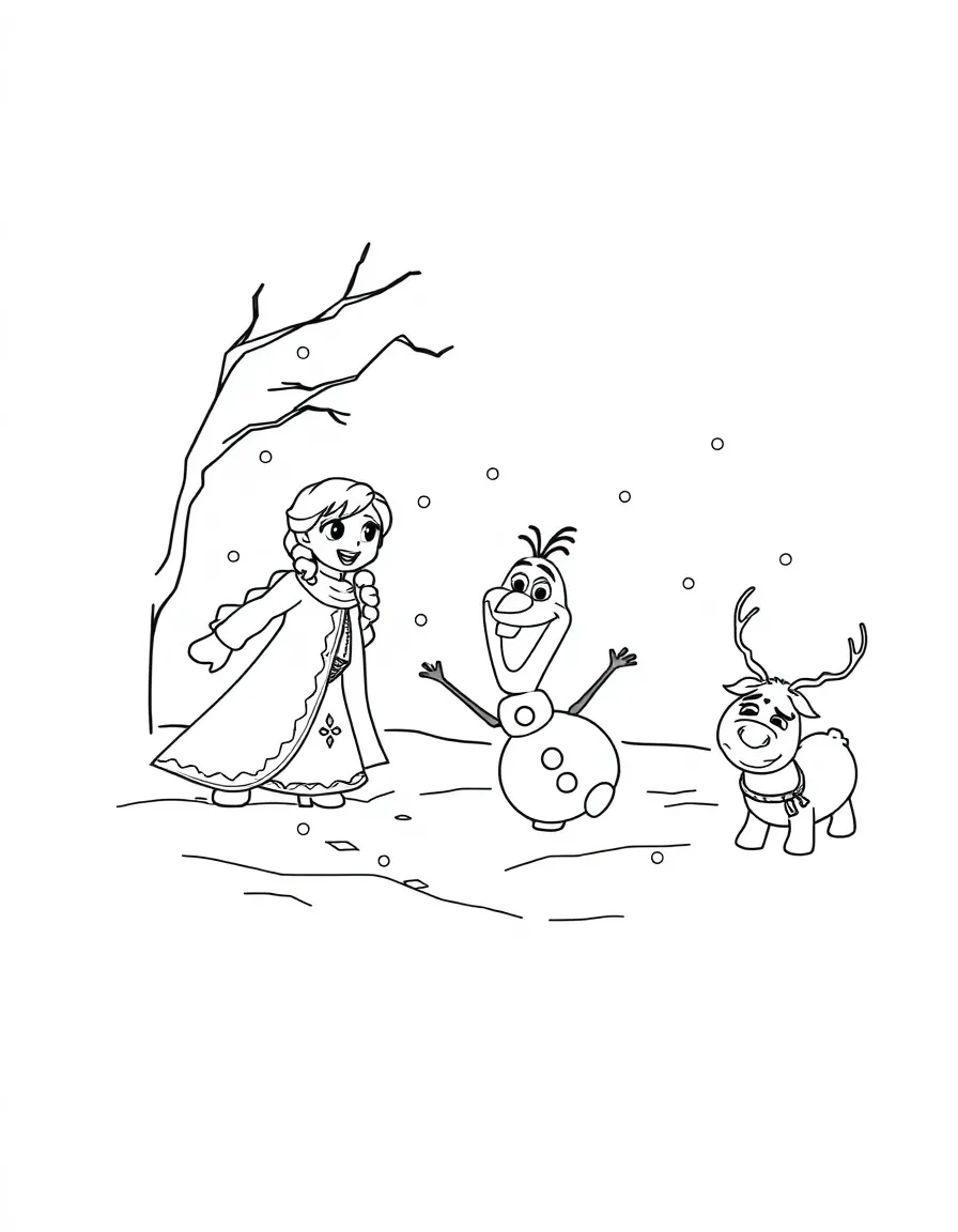 Anna and Olaf playing in the snow, building snow angels and having a snowball fight with Kristoff and Sven