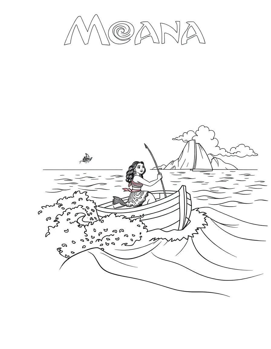 Moana sailing across the ocean on her boat, with waves splashing and tropical islands visible in the distance