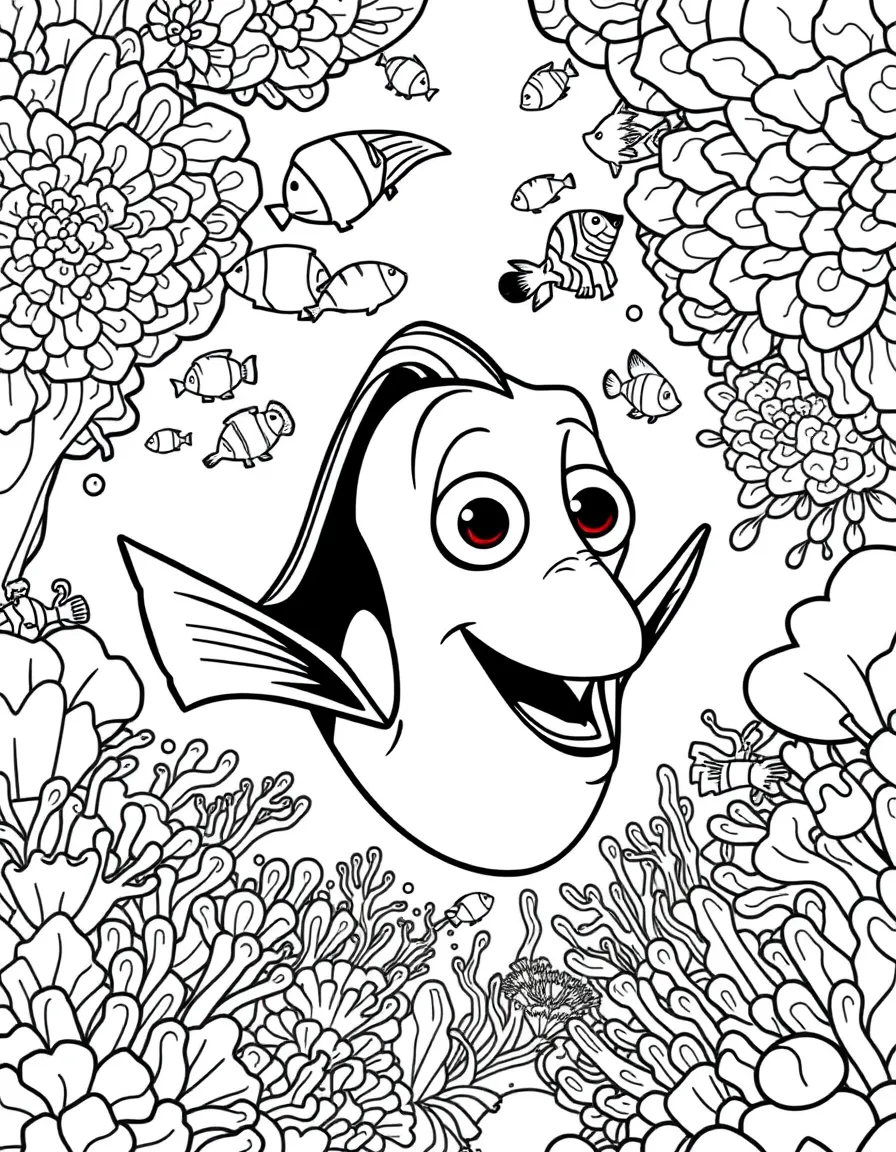 Finding Nemo's Dory swimming through a colorful coral reef with tropical fish and sea anemones everywhere