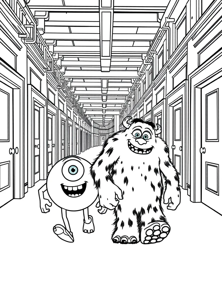 Sulley and Mike from Monsters Inc. walking through the door factory with hundreds of colorful doors
