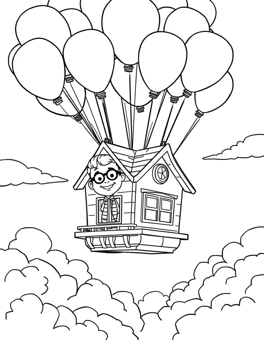 Carl and Russell from UP floating in their house carried by colorful balloons high above the clouds