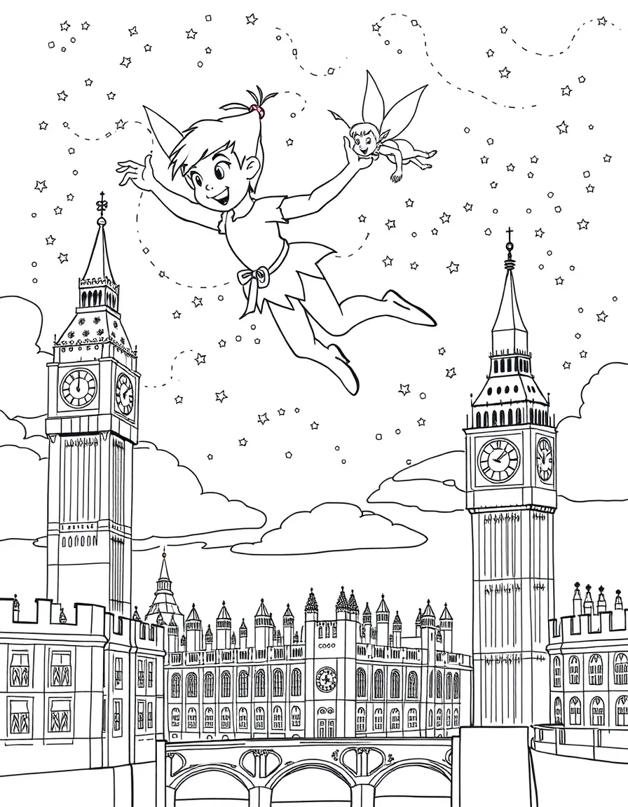 Peter Pan and Tinker Bell flying over London at night, with Big Ben and twinkling city lights below