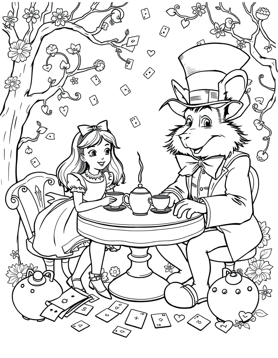 Alice having tea with the Mad Hatter and March Hare in Wonderland, with teapots and playing cards everywhere