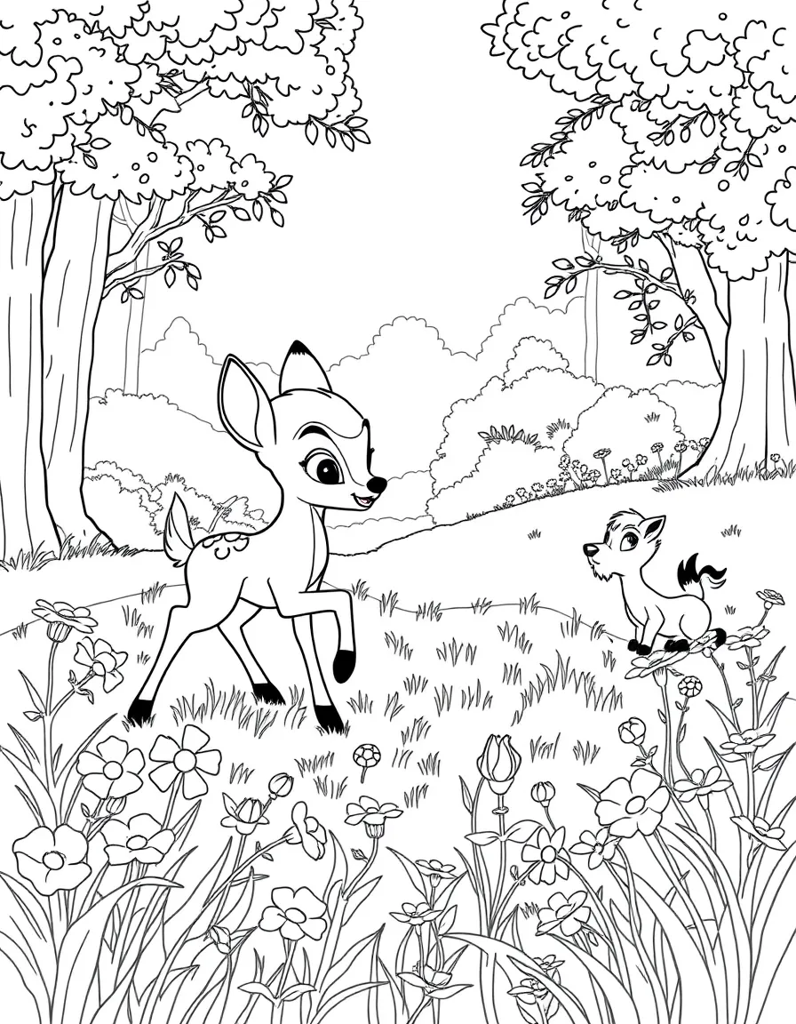 Bambi and Thumper playing in a meadow filled with wildflowers, with other forest animals watching nearby