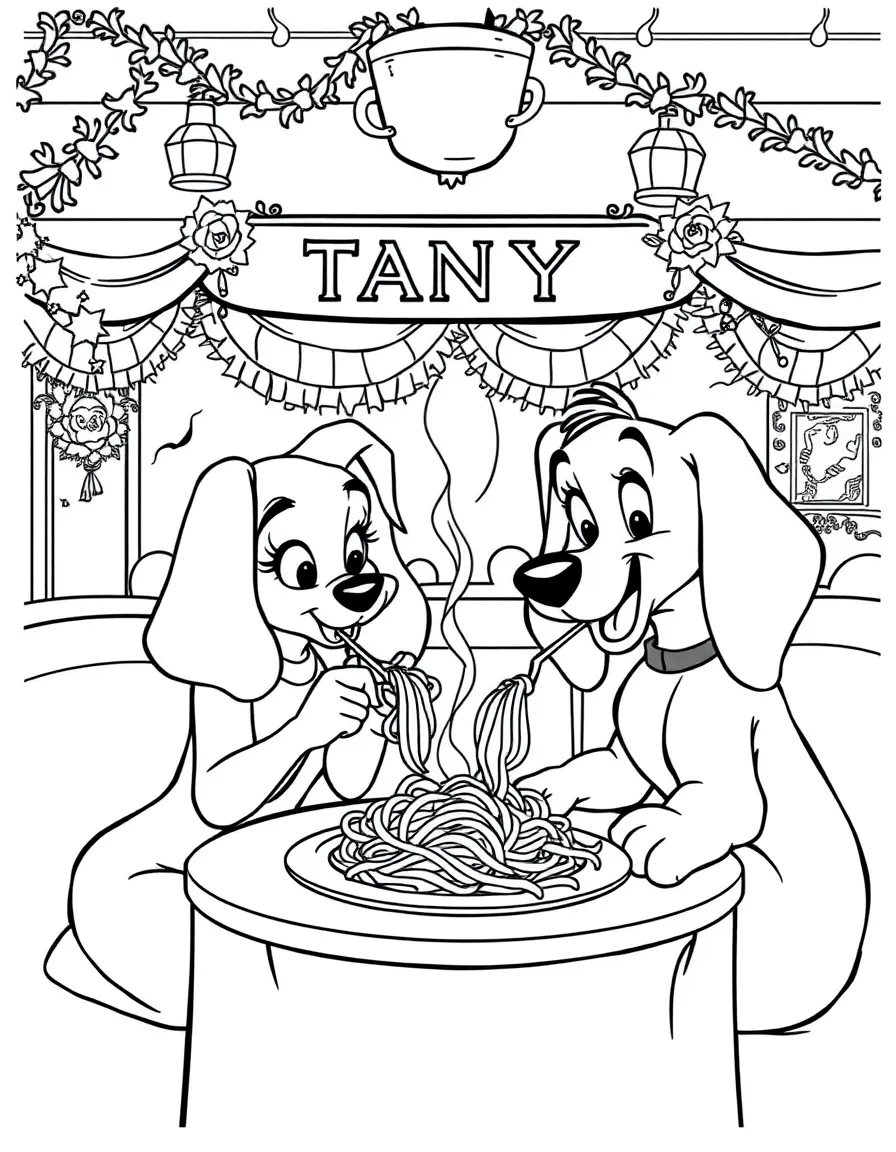 Lady and the Tramp sharing spaghetti at Tony's restaurant, with checkered tablecloths and Italian decorations