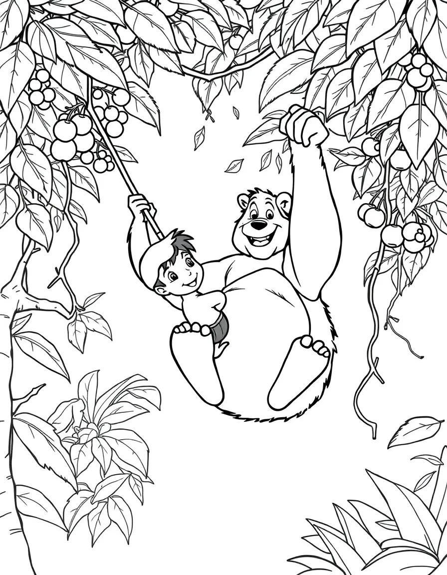 The Jungle Book's Mowgli swinging through trees with Baloo the bear, surrounded by tropical vines and fruits