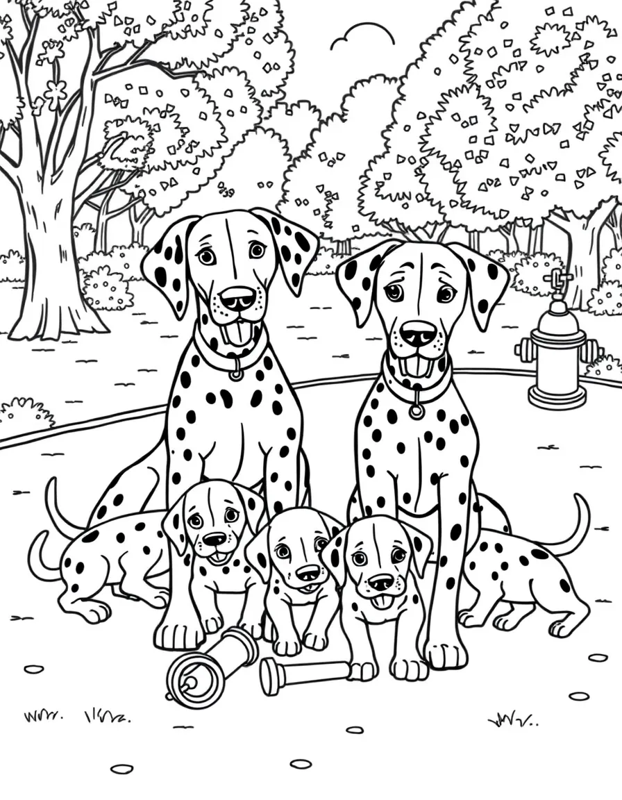 101 Dalmatians' Pongo and Perdita with their puppies playing in a park, with dog toys and fire hydrants