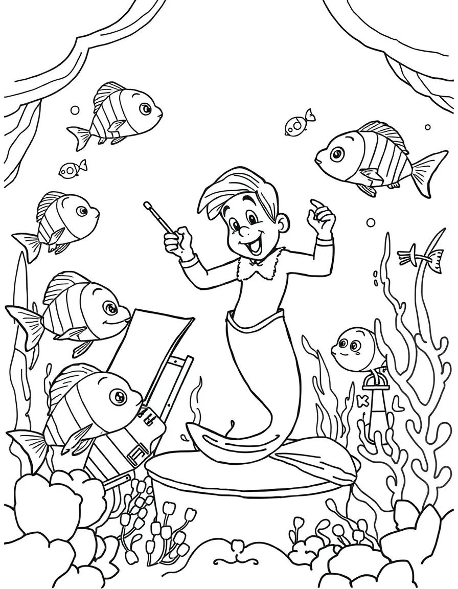 The Little Mermaid's Sebastian conducting an underwater orchestra with fish playing various musical instruments