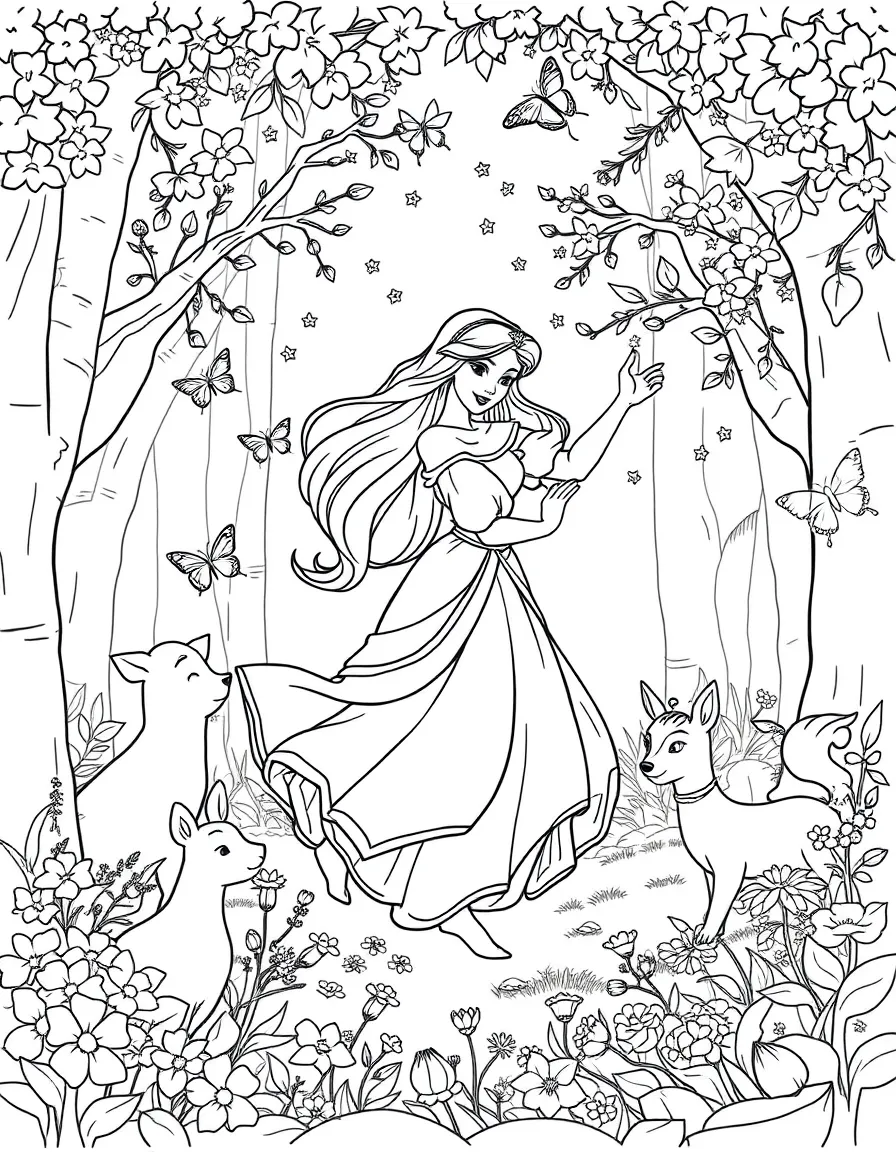 Sleeping Beauty's Aurora dancing with woodland creatures in a forest clearing, with flowers and butterflies