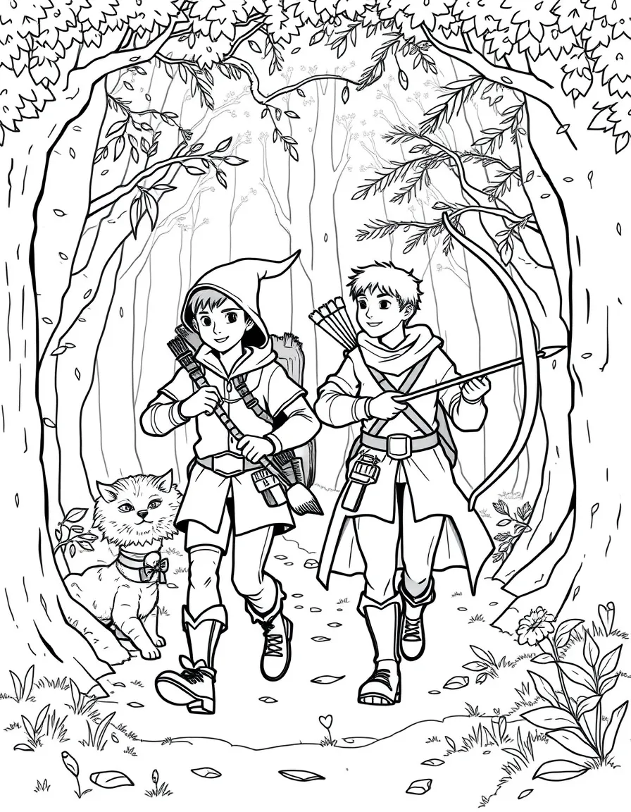 Robin Hood and Little John walking through Sherwood Forest, with their bows and arrows and woodland creatures
