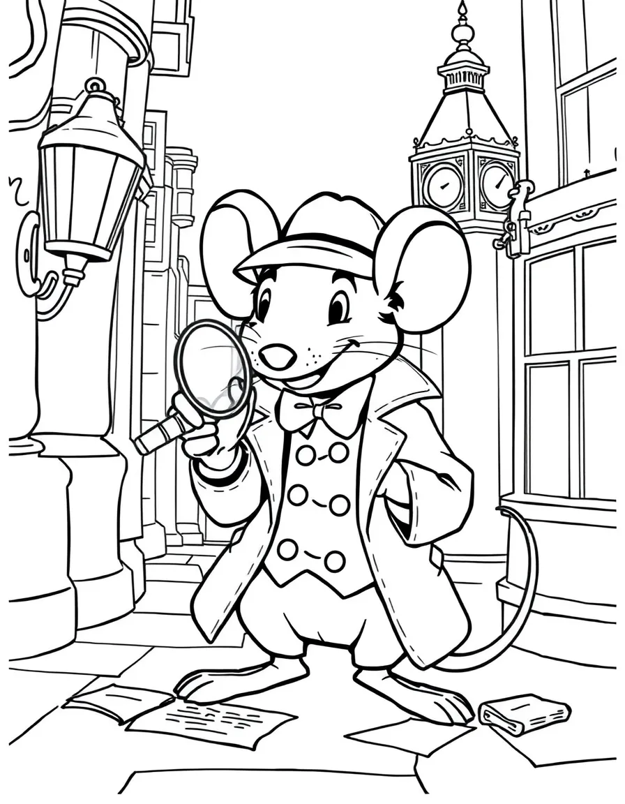 The Great Mouse Detective's Basil solving a mystery in Victorian London with magnifying glass and clues