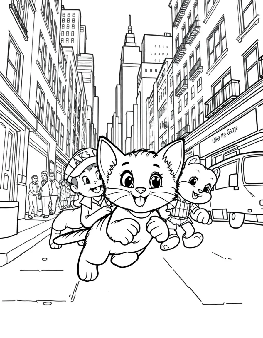 Oliver and Company's Oliver the kitten playing with Dodger and the gang in New York City streets